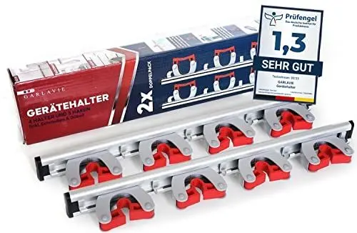 Produktbild: Garlavie Gerätehalter mit 4 Haltern und 5 Haken (45cm) I flexible Besenhalterung Wand für mehr Ordnung I Premium Besenhalter und Gartenwerkzeug Halterung