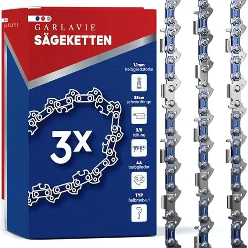 Produktbild: Garlavie Set mit 3 kettensäge kette 35 cm 3/8 LP 1,1 mm 52 Treibglieder – Sägeketten 35 cm kompatibel mit vielen Marken - Hochwertige motorsägenkette.