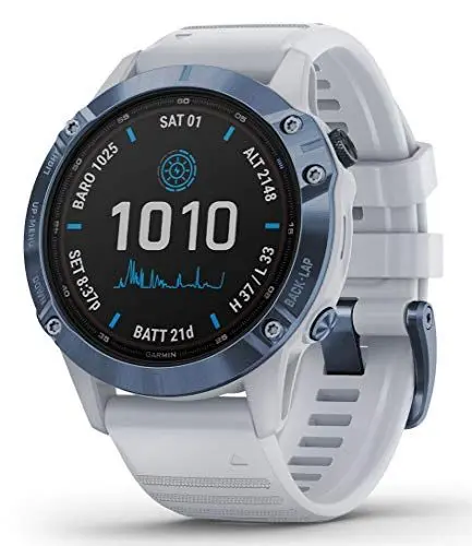 Produktbild: Garmin Fenix 6 Pro Solar Titanium - Weisses Armband, Mineralblau, STD, Einheitsgröße, 010-02410-19