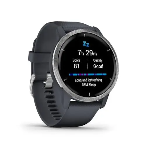 Produktbild: Garmin Venu 2 – GPS-Fitness-Smartwatch mit ultrascharfem 1,3“ AMOLED-Touchdisplay, umfassenden und Gesundheitsfunktionen, über 25 vorinstallierte Sportarten, Garmin Music und Garmin Pay