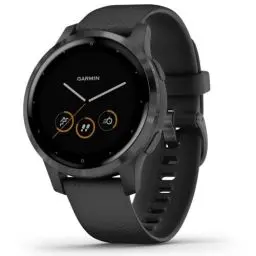 Produktbild: Garmin vívoactive 4S – schlanke, wasserdichte GPS-Fitness-Smartwatch mit Trainingsplänen & animierten Übungen. Für schmale Handgelenke, 20 Sport-Apps, 7 Tage Akkulaufzeit, Schiefer/Schwarz