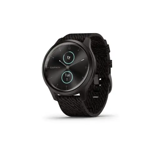 Produktbild: Garmin vívomove Style – stilvolle Hybrid-Smartwatch mit 2 brillanten AMOLED-Farbdisplays und Nylon Armband, Sport-Apps und Fitness-/Gesundheitsdaten, wasserdicht, 5 Tage Akkulaufzeit, Fitness Tracker