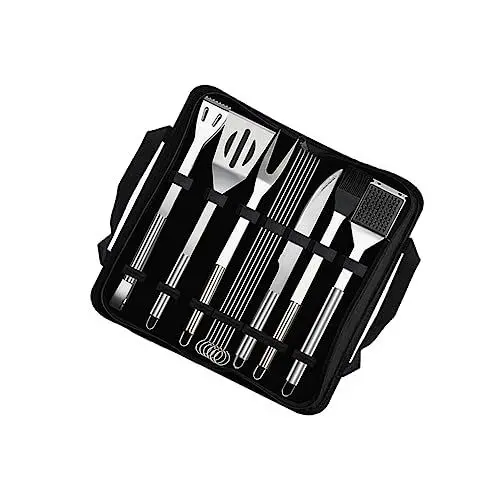 Produktbild: Garneck 12stücke Teiliges Grillwerkzeug-Set Aus Grillspaten Pinzetten Bürsten Spieße Und Tasche Für Picknick Und Camping Schwarz