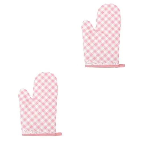 Produktbild: Garneck 2St Karierte Backhandschuhe küchenmaschiene kochgeschirr Kitchen Gloves küchenarmatur küchenzubehör heiße Handschuhe für die Küche ofenfeste Handschuhe Backzubehör Polyester Rosa
