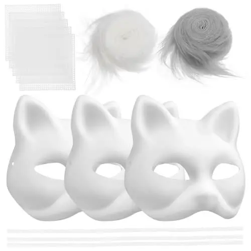 Produktbild: Garneck 3-Teilige Maske Mit: -Masken Pelzige Maske Diy-Masken Weiße Masken Mit Plüschimitat Und Augennetz Tiermaske Unbemalte Halloween-Maske Masken Für Kostümpartys