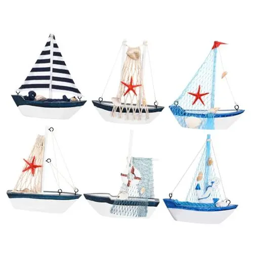 Produktbild: Garneck 6er Set Mini Holz Segelschiff Deko - Tischdekoration Im Nautischen Stil Für Wohnzimmer - Büro Und Schaufenster Kleine Boote Als Deko Für Jeden