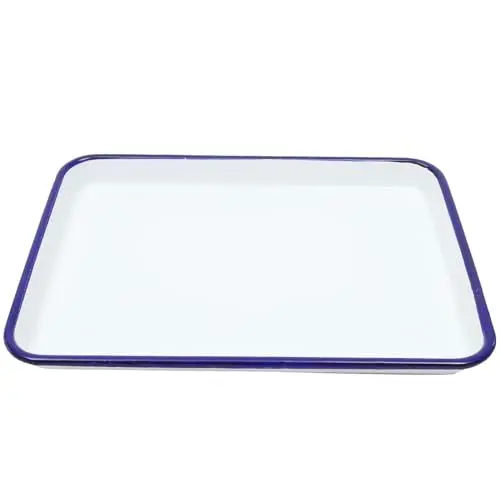 Produktbild: Garneck Emailleware-Kollektion Weiße Backform Aus Emailliertem Backblech Mit Blauem Rand Rechteckiges Serviertablett Metzgertablett 26 X 18 Cm Für Die Küche Zu Hause