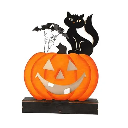 Produktbild: Garneck Holz Kürbis Laternen Halloween Batterie Betrieben Kürbis Licht Für Home Party Katze Design