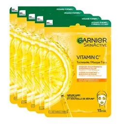 Produktbild: Garnier Feuchtigkeitsspendende Tuchmasken für sensible Haut, Mit Hyaluronsäure und Vitamin C, Für strahlende Haut und einen Glow-Effekt, SkinActive, 5 x 1 Masken