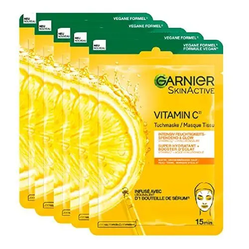 Produktbild: Garnier Feuchtigkeitsspendende Tuchmasken für sensible Haut, Mit Hyaluronsäure und Vitamin C, Für strahlende Haut und einen Glow-Effekt, SkinActive, 5 x 1 Masken
