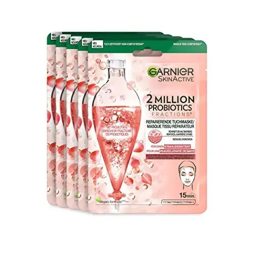 Produktbild: Garnier Reparierende Tuchmaske, Gesichtsmaske gegen trockene, fahle und matte Haut, Für mehr Glow und mehr Feuchtigkeit, SkinActive 2 Million Probiotics, 5-er Pack