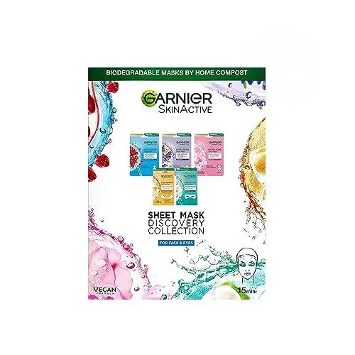 Produktbild: Garnier Tuchmasken-Set, Gesichtsmaske für Gesicht und Augen, Mit Frische- und Feuchtigkeits-Boost für verschiedene Hautbedürfnisse, SkinActive Discovery Collection, 5 Tuchmasken