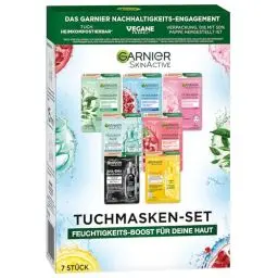 Produktbild: Garnier Tuchmasken Set für jeden Hauttyp, 7 Gesichtsmasken für trockene bis normale Haut, Vegane Formel mit Hyaluronsäure, Hydra Bomb und Nutri Bomb Maskenset, 7 x 28 g