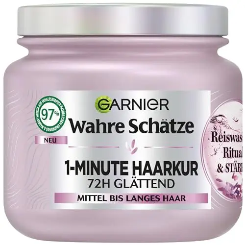 Produktbild: Garnier Wahre Schätze 1-Minute Haarkur für mittellanges bis langes Haar, Glättende Haarkur mit Reiswasser und Stärke, Für mehr Glanz und Geschmeidigkeit, Reiswasser Ritual & Stärke, 1 x 340 ml