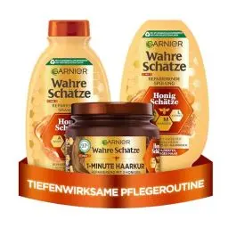 Produktbild: Garnier Wahre Schätze Haarpflege-Set mit Akazienhonig, Manuka und Lavendel, Honig-Schätze Shampoo (250 ml), Spülung (200 ml), 1-Minute Haarkur (340 ml), 3-teilig