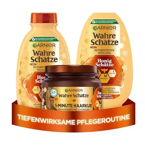 Produktbild: Garnier Wahre Schätze Haarpflege-Set mit Akazienhonig, Manuka und Lavendel, Honig-Schätze Shampoo (250 ml), Spülung (200 ml), 1-Minute Haarkur (340 ml), 3-teilig