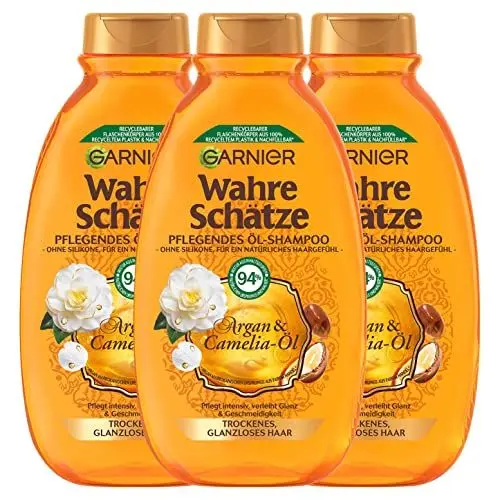 Produktbild: Garnier Wahre Schätze Pflegendes Öl-Shampoo Argan- & Camelia-Öl, pflegt intensiv, verleicht Glanz und Geschmeidigkeit, 3 x 250 ml
