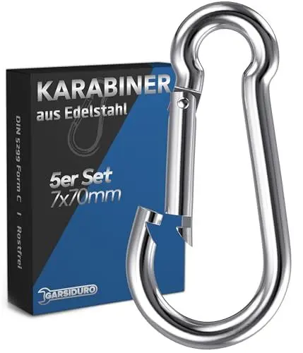 Produktbild: GARSIDURO® Edelstahl Karabiner | 5er Set 7x70 mm | DIN 5299 Rostfrei | Feuerwehr Karabiner Mit Schnappverschluss | Geeignet Als Schlüsselanhänger Oder Schwerlast