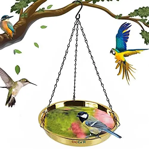 Produktbild: Garten Vogeltränke hängend 28cm Vogelbad Metall Wasserschale Rostfreier Stahl Wildvögel Vogelbecken für Balkon Vögel Bad Wildvogel-Tränke vogeltranke （Gold）