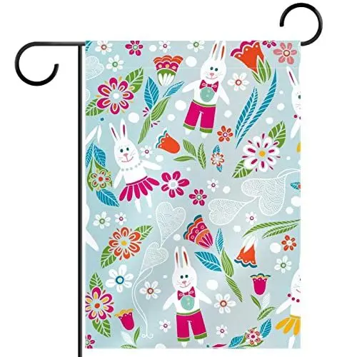 Produktbild: Gartenflaggen 12 x 18 doppelseitige Yard Flags wasserdichte Gartenflaggen für draußen,Fröhliches Ostern Blumen Karikatur Kaninchen schön
