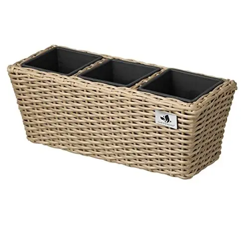 Produktbild: GARTENFREUDE Polyrattan Balkonkasten Blumenkasten 2 Stück inkl. Aufhängung, 47 x 17 x 15 cm, mit 3er Kunststoffeinsatz, naturfarben