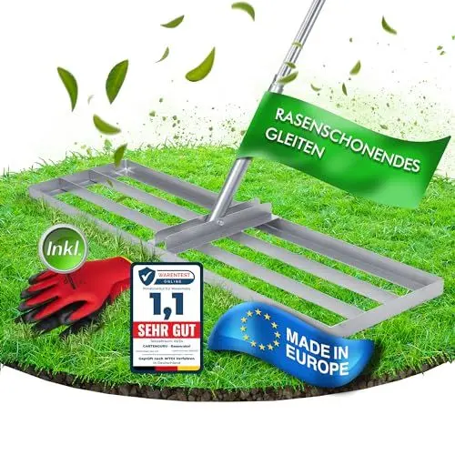 Produktbild: GartenGuru® (100x30cm) XXL Rasenrakel (LANGLEBIG & ROBUST) - inkl. 1,4m Stiel aus Metall - Rasenrechen aus hochwertigem legiertem Stahl - Rasen Rakel für die perfekte Rasenpflege - Lawn Leveling rake
