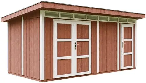 Produktbild: Gartenhaus Premium Qualität 8.52+2.95 m² - L279xW530cm -All-Inclusive-Set mit Boden, Bitumen-Dachziegeln, Farbset- Hochwertiger Geräteschuppen aus Holzwerkstoffplatten LP Smartside - Redwood RED