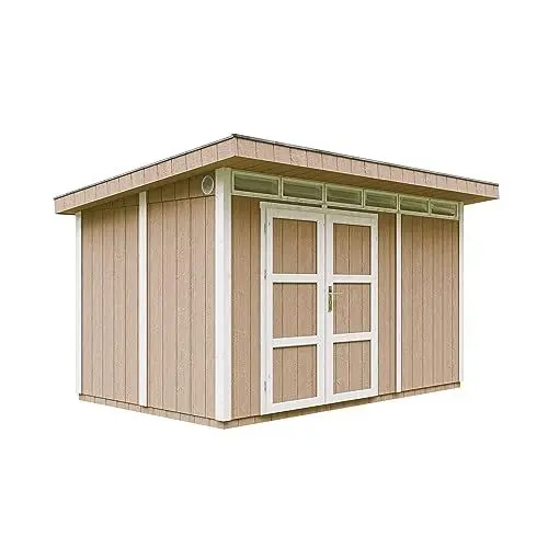 Produktbild: Gartenhaus Premium Qualität 8,7m² - L279xW411cm- All-Inclusive-Set mit Boden, Bitumen-Dachziegeln, Farbset- Hochwertiger Geräteschuppen aus Holzwerkstoffplatten LP Smartside - M904A Terra Brown