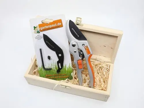 Produktbild: Gartenpaul Ratschen Gartenschere | Limited Edition inkl. Ersatzklingen-Set und Gartenpaul Holzbox | Kostenloser Schleifservice | Amboss Gartenschere | Stufenschere
