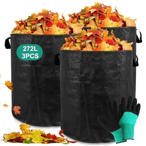 Produktbild: 3 x 272 L Garden Waste Bag, Foldable Garden Bag, Heavy-Duty Reusable Leaf Bag, Handschuhe Gartenabfallsack Stabil Mit Griffen Faltbar LaubsäCke Rasenschnitt FüR GartenabfäLle GrüNschnittsack Schwarz