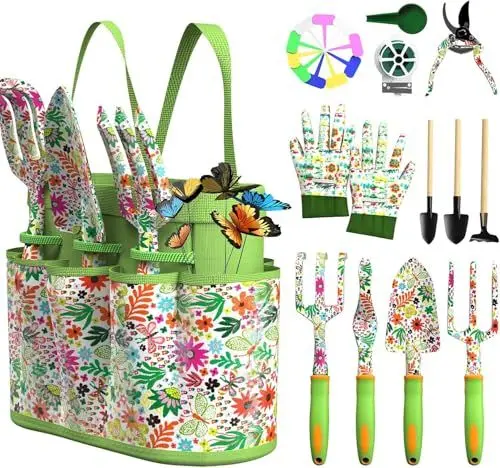 Produktbild: Gartenwerkzeug Set, 27 Stück Garten Hand Werkzeuge, Rost Sicht Gartenarbeit Set mit dauerhafter Aufbewahrungstasche, Ergonomischer Anti-Rutsch-Griff, ideale Gartengeschenke für Frauen und Männer