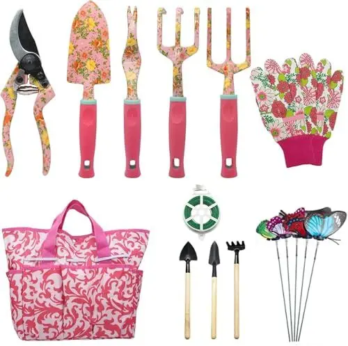 Produktbild: Gartenwerkzeug Set, 16 Stück Blumen Gartengeräte Set Garten-Handwerkzeug-Geschenkset，Gartengeschenke für Frauen und Männer, mit Gartenschere und Aufbewahrungstasche，Garten Zubehör Geschenk
