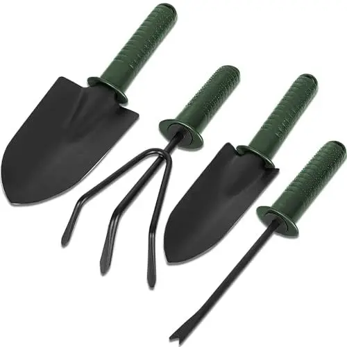 Produktbild: Gartenwerkzeug Set, 4-Teiliges Edelstahl Gartenset Werkzeug Set mit Griffen Plastik Gartengeräte Kit Mini Blumenkelle Gartenschaufel Harke Dreizack Klein für Pflanzen und Gartenarbeit