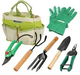 Produktbild: Gartenwerkzeug Set 7-TLG. Gartengeräte mit Aufbewahrungstasche, Garten Werkzeuge mit Blumenschere, Schaufel, Harke, Handgrubber, Handschuhe für Gärtnerinnen, Gärtner und Grabpflege