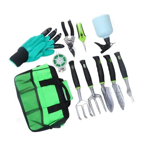 Produktbild: Gartenwerkzeug-Set, Aluminiumlegierung, Edelstahl, Schaufeln, Rechen, Schere, Ergonomischer Griff, 15-teilig, Gartenhandwerkzeug mit Tragetasche, Perfektes für
