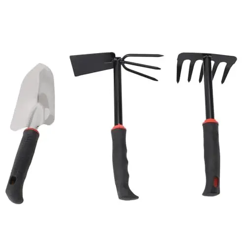 Produktbild: 3-teiliges Premium-Gartenwerkzeug-Set aus Metall, Rechen, Schaufel, Hacke aus Eisen und Edelstahl mit Komfortablem Kunststoffgriff für die Bepflanzung und Gartenarbeit