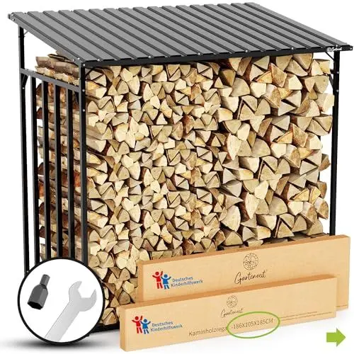 Produktbild: Gartenzeit® Kaminholzregal Außen XXXL 186x105x185cm – 3,45m³, 5,25SRM, Metallrahmen 30x30mm, Metalldach, feuerverzinkt, 105cm tief, Brennholzregal Holzstapelhilfe Holzunterstand Außen