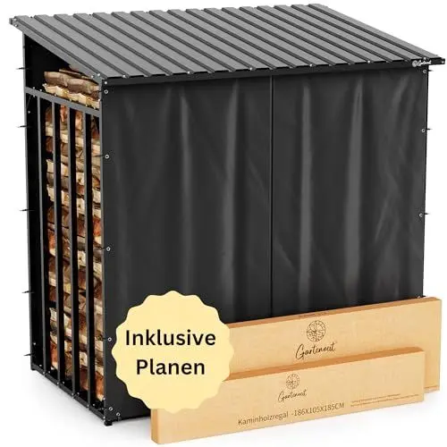 Produktbild: Gartenzeit® Kaminholzregal Außen XXXL 186x105x185cm – 3,45m³, 5,25SRM, Metallrahmen 30x30mm, Metalldach, feuerverzinkt, 105cm tief, Brennholzregal Holzstapelhilfe Holzunterstand Außen… (FH_003)