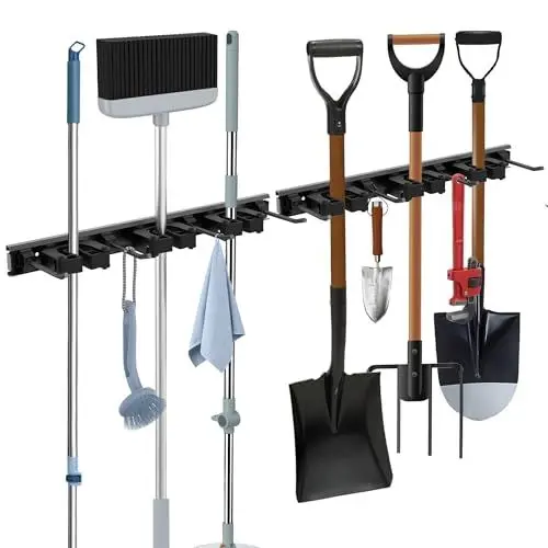 Produktbild: GARTOL 2 Stück Besenhalterung Wand, Wandhalterung, Gartengerätehalter Gartengeräte, Wandaufhänger für Haushaltswaren, Wandaufhänger für Hausgarten-Wäsche (3 Schlitze mit 4 Haken)