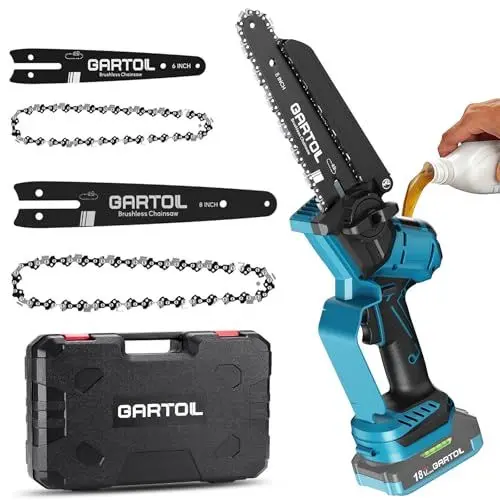 Produktbild: GARTOL Akku Kettensäge 8 & 6 Zoll,1000W Bürstenloser Mini Kettensäge mit Automatische Kettenschmierung,Werkzeuglose Kettenspannung,Kompatibel mit Makita 18V Akku (ohne Akku)