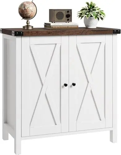 Produktbild: Garvee Küchenschrank Sideboard mit Türen Buffetschrank mit Arbeitsplatten Küchenbuffet mit verstellbarem Regal Landhausstil für Küche, Wohnzimmer, Esszimmer Weiß+Braun 40x80x80 cm