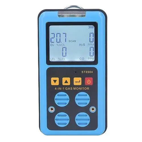 Produktbild: 4 in 1 Gasmonitor, CO H2S O2 LEL Mehrfachanzeiger Ton Licht Vibration Alarm Digitaler Gasleckdetektor mit Hintergrundbeleuchtetem Display Handheld-Gasdetektor für Haus Chemie Labor