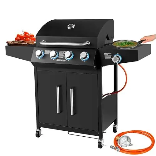 Produktbild: Gasgrill 4 Brenner inkl. Gasschlauch Grillwagen Gasgrill mit Seitenbrenner Beleuchtete Drehknöpfe Grillstation Gasgrillgerät Gasgrillstation Gaskocher Grill mit Gasbetrieb Gas-Außenküche Gasbarbecue
