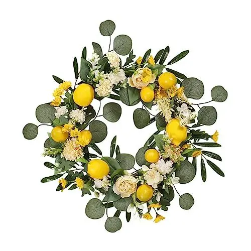 Produktbild: Gatuida Künstlicher Blumenkranz Zitronenkranz Für Die Tür Gefälschte Pflanzen Zitronen-Themen-außendekoration Träne Türkränze Zitrone Eukalyptus Anlage Willkommen Korb Beute Yellow Rattan