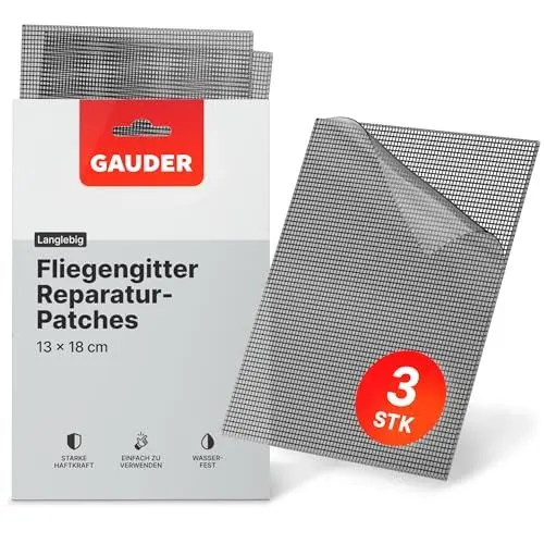 Produktbild: GAUDER Fliegengitter Reparatur Sticker - Insektenschutzgitter Reparatur Set aus Glasfaser selbstklebend - Reparaturklebeband für Fliegengitter Tür und Fenster (3 Stück - 130 x 180 mm)