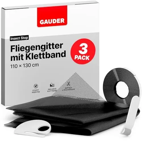 Produktbild: GAUDER Fliegengitter für Fenster (3 Stück | 110 x 130 cm | schwarz) aus Polyester | Insektenschutz ohne Bohren | Fliegengitter mit Klettband | Fliegennetz & Mückennetz für Fenster