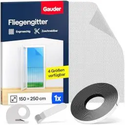 Produktbild: GAUDER Fliegengitter für bodentiefe Fenster - Insektenschutz ohne Bohren - Fliegengitter mit Klettband - Fliegennetz aus Polyester - Mückennetz & Moskitonetz für Fenster & Tür (150 x 250 cm - schwarz)