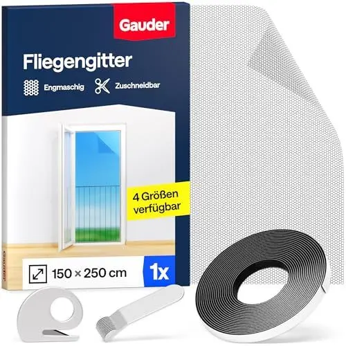 Produktbild: GAUDER Fliegengitter für bodentiefe Fenster - Insektenschutz ohne Bohren - Fliegengitter mit Klettband - Fliegennetz aus Polyester - Mückennetz & Moskitonetz für Fenster & Tür (150 x 250 cm - schwarz)