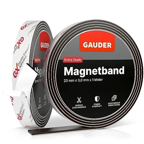 Produktbild: GAUDER Magnetband selbstklebend stark (1m x 20mm) | Magnetstreifen mit extra starkem Kleber | Magnetklebeband
