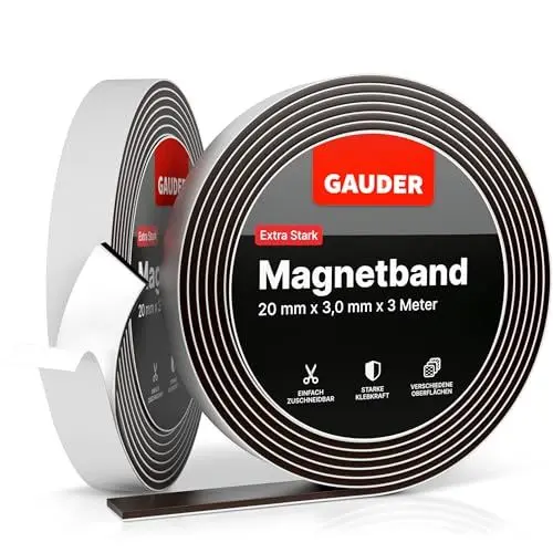 Produktbild: GAUDER Magnetband selbstklebend stark (3m x 20mm) | Magnetstreifen mit extra starkem Kleber | Magnetklebeband